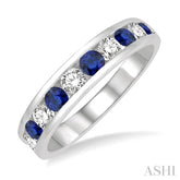 2.9 MM Sapphire and 1/2 Ctw Round Cut Diamond Precious Wedding Band in 14K White Gold